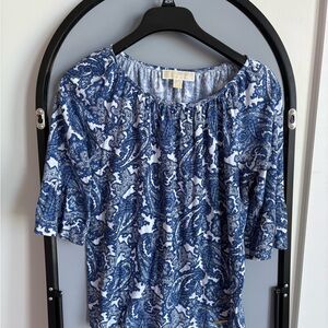 Michael Kors Blue & White Paisley Off-Shoulder Blouse